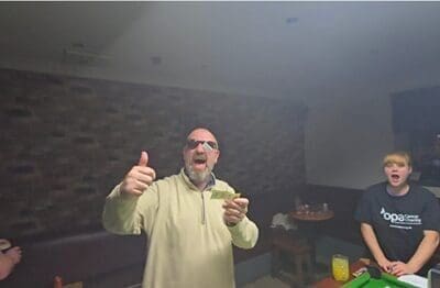 A GREAT night!! We have a winner!! My boss won the shades!! (My boss is not this man! This man is Faz the man Fairlie the legend from the Fair City of Perthshire!)